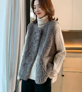 Autunno Inverno New Fashion Donna Casual Scollo a V allentato Cappotti senza maniche Gilet monopetto in lana di agnello Gilet V7