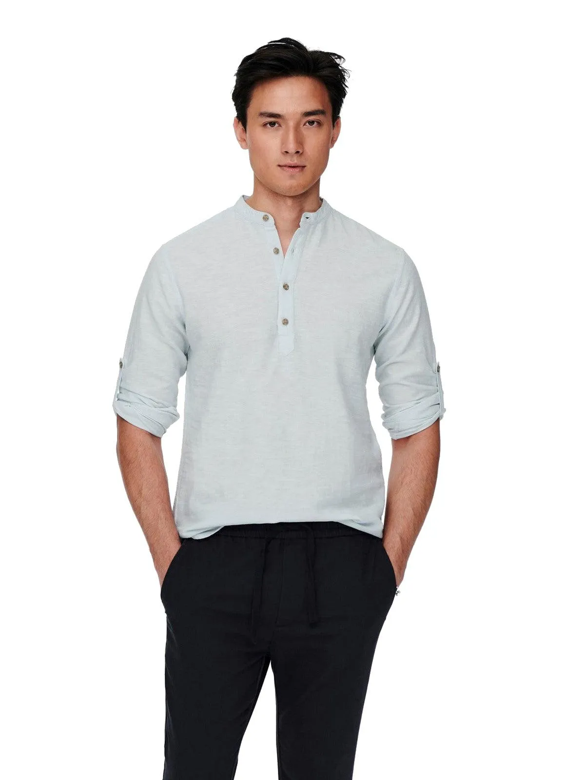 Camicie casual Uomo Only & Sons - Onscaiden Ls Half Placket Linen Shirt - Celeste