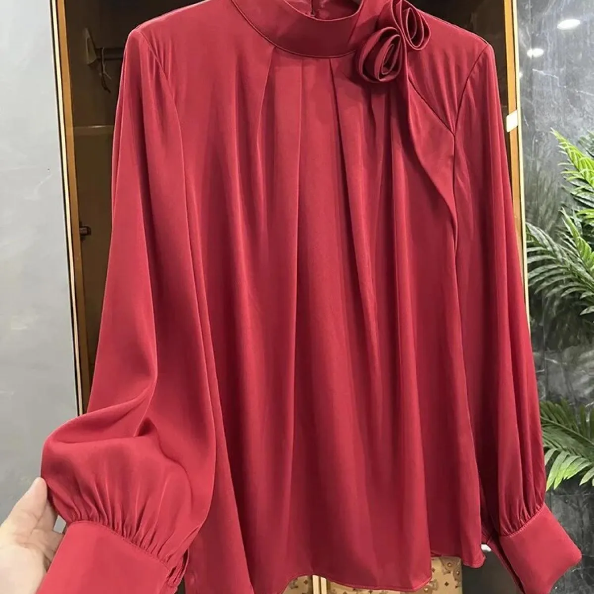 Camicie Commuter Rose Camicia a maniche lunghe con colletto alla coreana Top da donna Moda Rosso