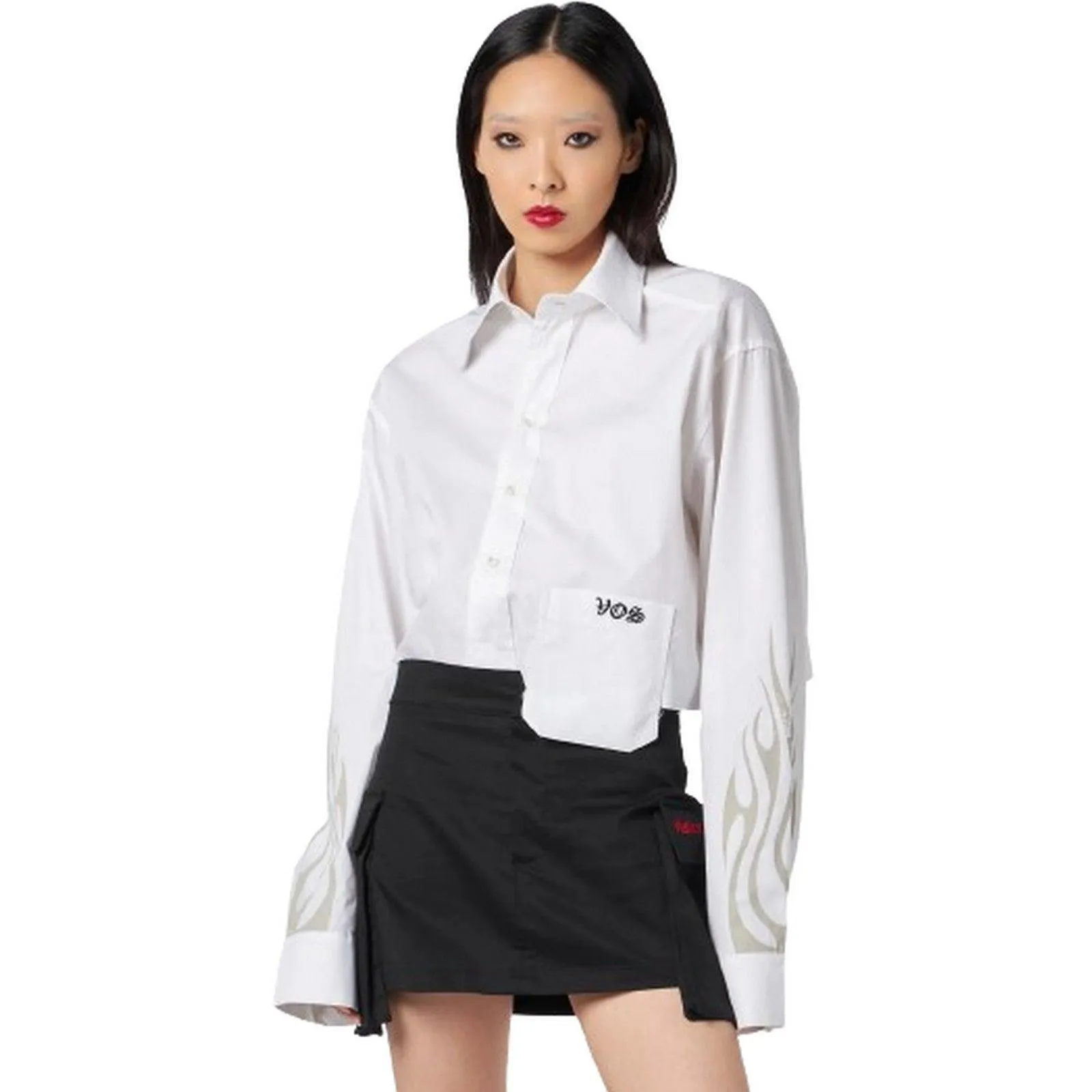 Camicie Donna Vision of Super - White Crop Shirt With Printed Tribal Flames, Gotic - Bianco