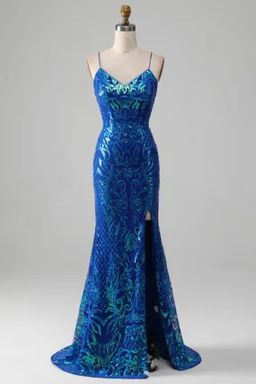 Royal Blue Mermaid Sparkly Prom Dress con spacco