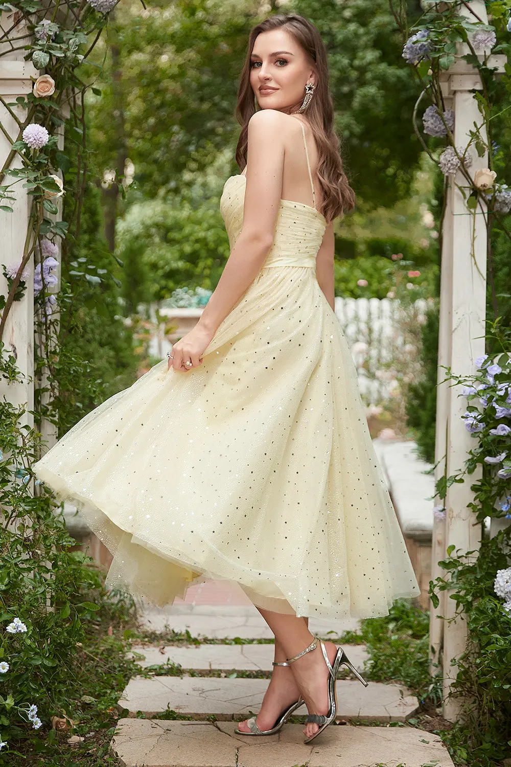 Spaghetti gialli Tea Length Prom Dress